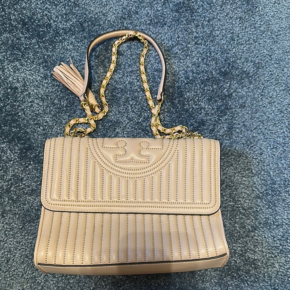 Tory Burch light pink studded Fleming Leather Shoulder Bag